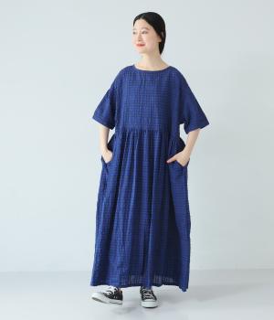 【ロング丈】サッカーウエストギャザーワンピース(ロイヤルブルー×ネイビー-F)