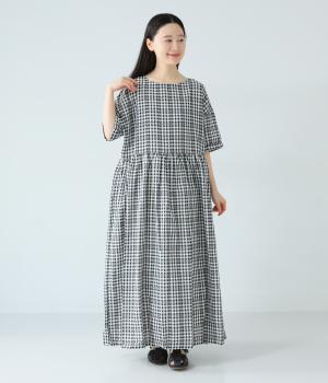 【ロング丈】サッカーウエストギャザーワンピース(ブラック×アイボリー-F)