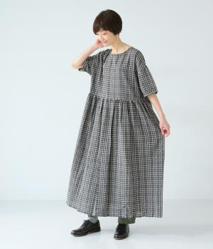 【ロング丈】サッカーウエストギャザーワンピース(ブラック×グレー-F)