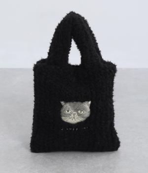 ネコ刺繍ボアバッグ（ブラック・F）