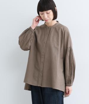 コットンリネンバンドカラーボリューム袖ブラウス(モカチェック-ML)