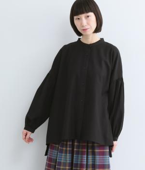 コットンリネンバンドカラーボリューム袖ブラウス(ブラック-ML)