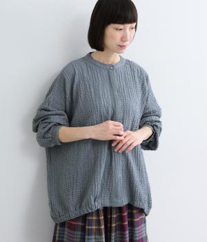 エンボス加工　裾ギャザーワイドシャツ(スモークブルー-ML)