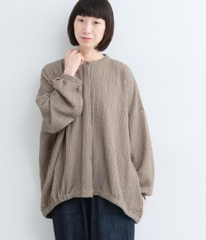 エンボス加工　裾ギャザーワイドシャツ(グレージュ-ML)