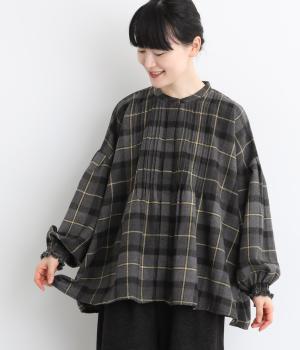 ネル長袖ピンタックブラウス（スモークグレー×レモン・ML）