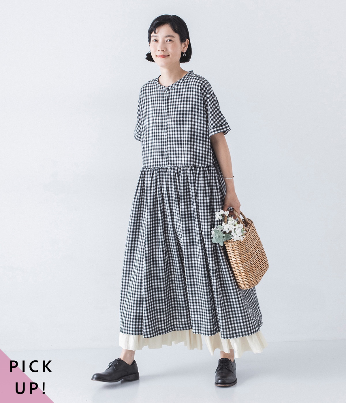 バンドカラーギャザーワンピース(ギンガムチェック-ONESIZE)