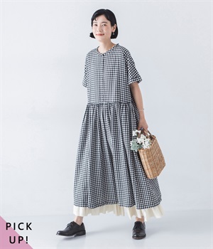 バンドカラーギャザーワンピース(ギンガムチェック-ONESIZE)