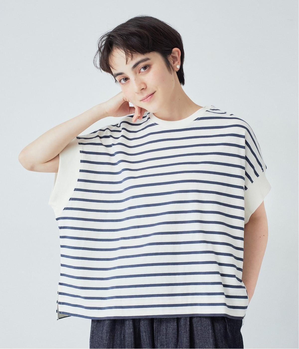 ワイドシルエットボーダーTシャツ(アイボリー×ネイビー-F)