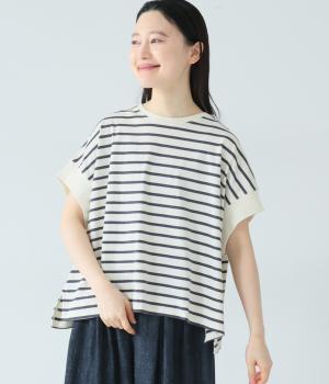 ワイドシルエットボーダーTシャツ(アイボリー×ネイビー-F)