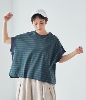 ワイドシルエットボーダーTシャツ(ネイビー×グリーン-F)
