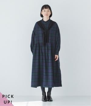 襟フリルくるみボタンワンピース(ブラックウォッチ-F)