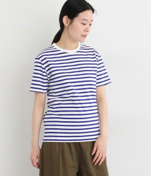 【A.U.G. relaxing】天竺　半袖ボーダークルーネックTシャツ(オフホワイト×ブルー-ONESIZE)