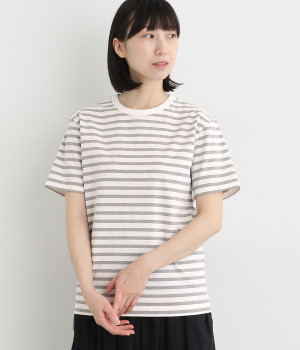 【A.U.G. relaxing】天竺　半袖ボーダークルーネックTシャツ(オフホワイト×トップグレー-ONESIZE)