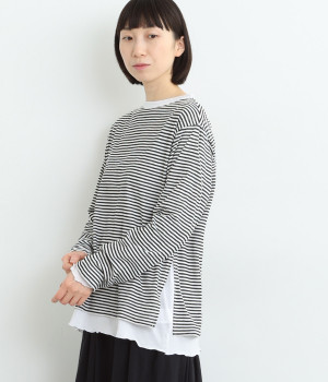 シアーボーダー×シアー天竺レイヤードTee(オフ×ブラック-ONESIZE)