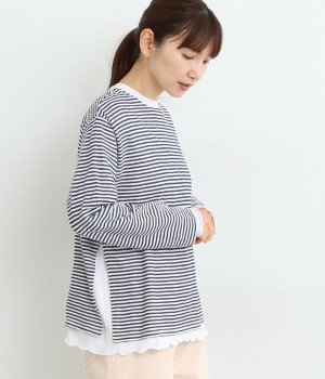 シアーボーダー×シアー天竺レイヤードTee(オフ×ネイビー-ONESIZE)