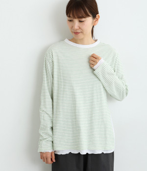 シアーボーダー×シアー天竺レイヤードTee(オフ×グリーン-ONESIZE)