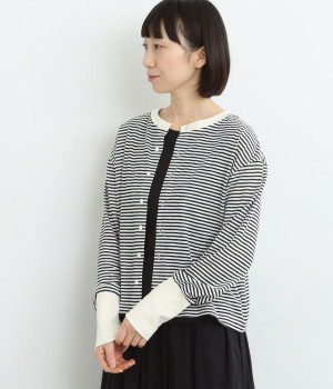 シアーボーダー×シアー天竺カーディガン(オフ×ブラック-ONESIZE)
