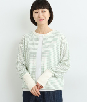 シアーボーダー×シアー天竺カーディガン(オフ×グリーン-ONESIZE)