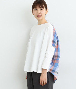 コットン天竺×リネンチェック切替えバックギャザーTee(オフホワイト-ONESIZE)