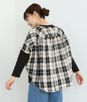 コットン天竺×リネンチェック切替えバックギャザーTee(ブラック-ONESIZE)