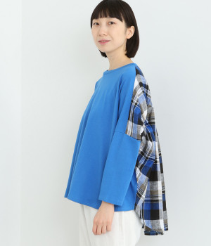 コットン天竺×リネンチェック切替えバックギャザーTee(ブルー-ONESIZE)
