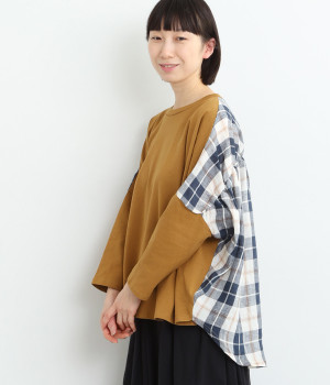 コットン天竺×リネンチェック切替えバックギャザーTee(ダークブラウン-ONESIZE)