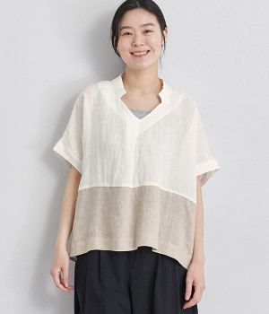 リネンバイカラーブラウス(ホワイト×エクリュ-ONESIZE)