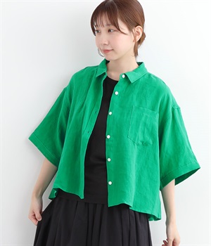 リネンクロップドシャツ(グリーン-ONESIZE)