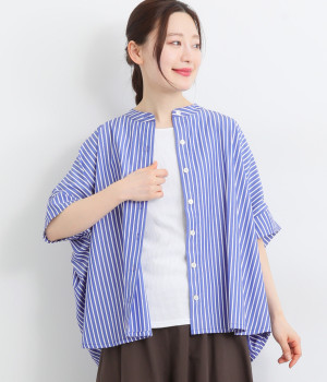 ストライプバックギャザーブラウス(ブルー-ONESIZE)