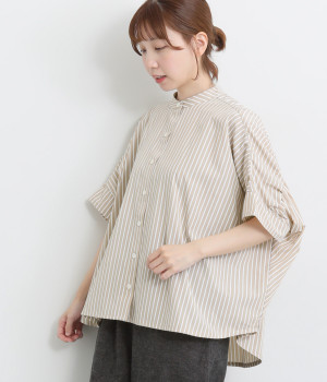 ストライプバックギャザーブラウス(ベージュ-ONESIZE)