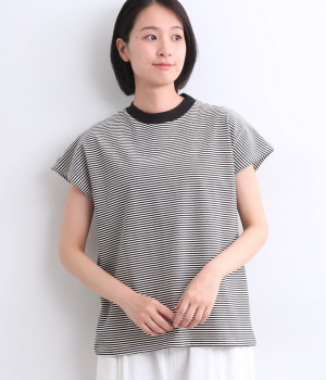 【A.U.G. relaxing】コットンアメリカンヴィンテージミジンボーダーフレンチTee(オフ×ブラック-ONESIZE)