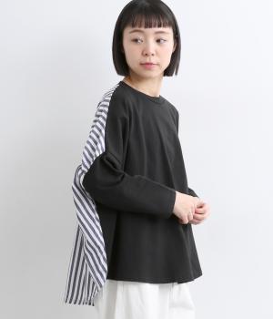 天竺×サッカーストライプバックギャザーストライプTee(ブラック-F)