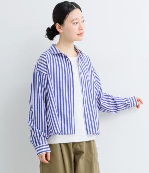 T/Cストライプクロップドフレアシャツ(ブルー-F)