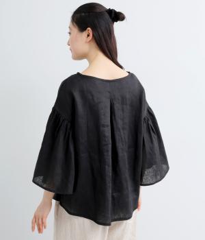 リネン袖ギャザープルオーバー(ブラック-F)