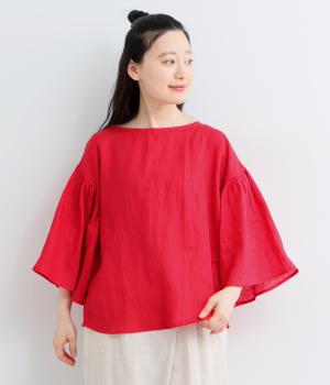 リネン袖ギャザープルオーバー(レッド-F)