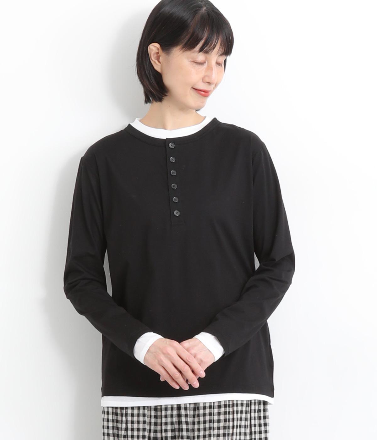 コットンシアー天竺レイヤードヘンリーTee(ブラック-F)