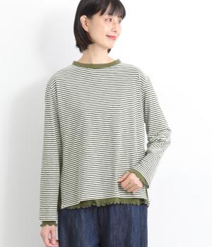 シアーボーダー×シアー天竺ボーダーレイヤードTee(オフ×カーキ-F)