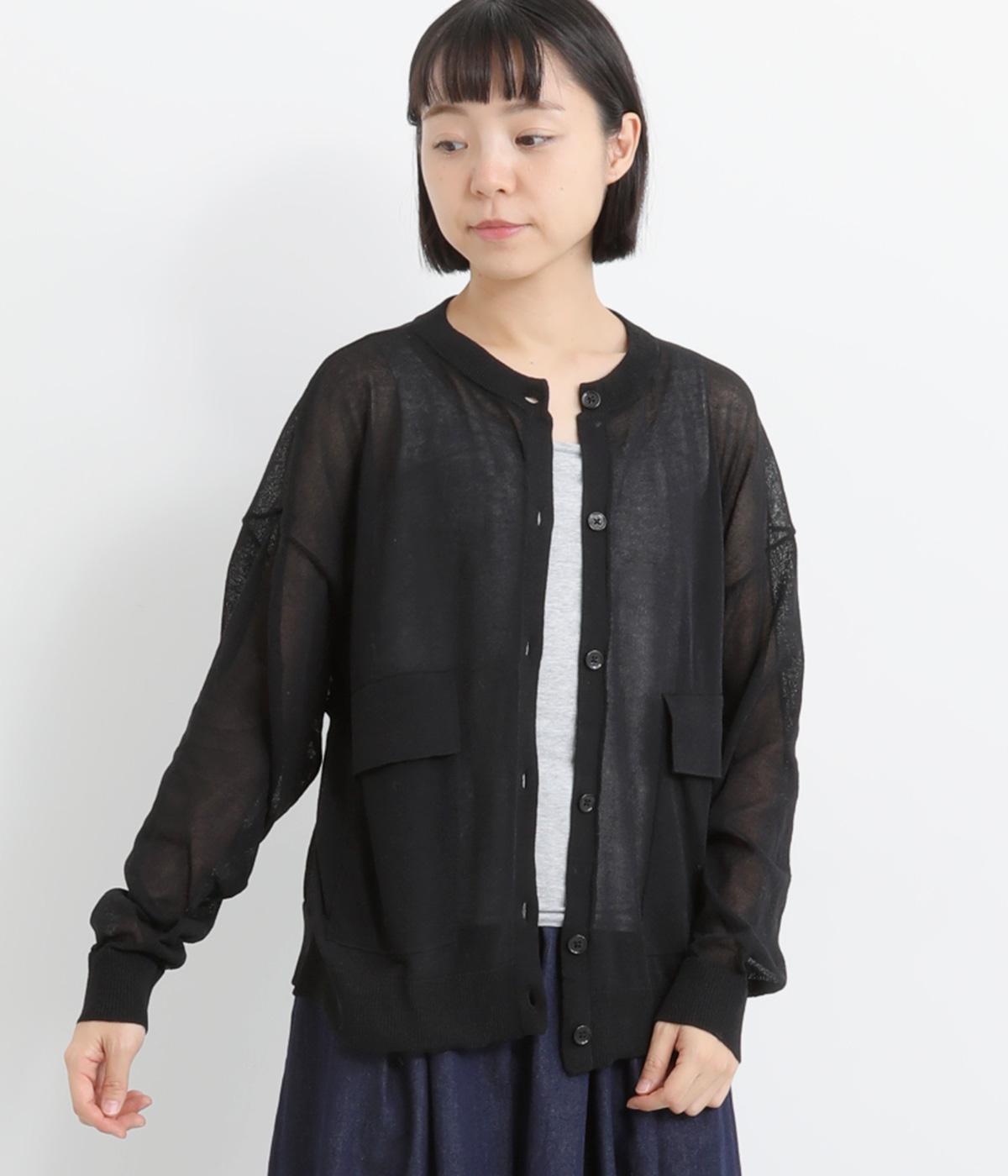 シアーニットポケ付きカーディガン(ブラック-F)