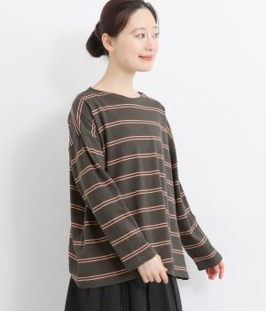 【A.U.G. relaxing】コットンビンテージボーダーワイドボートネックTee(ブラック-F)