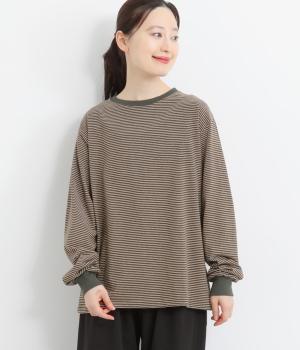 【A.U.G. relaxing】コットンビンテージボーダークルーネックリブTee(ダークブラウン-F)