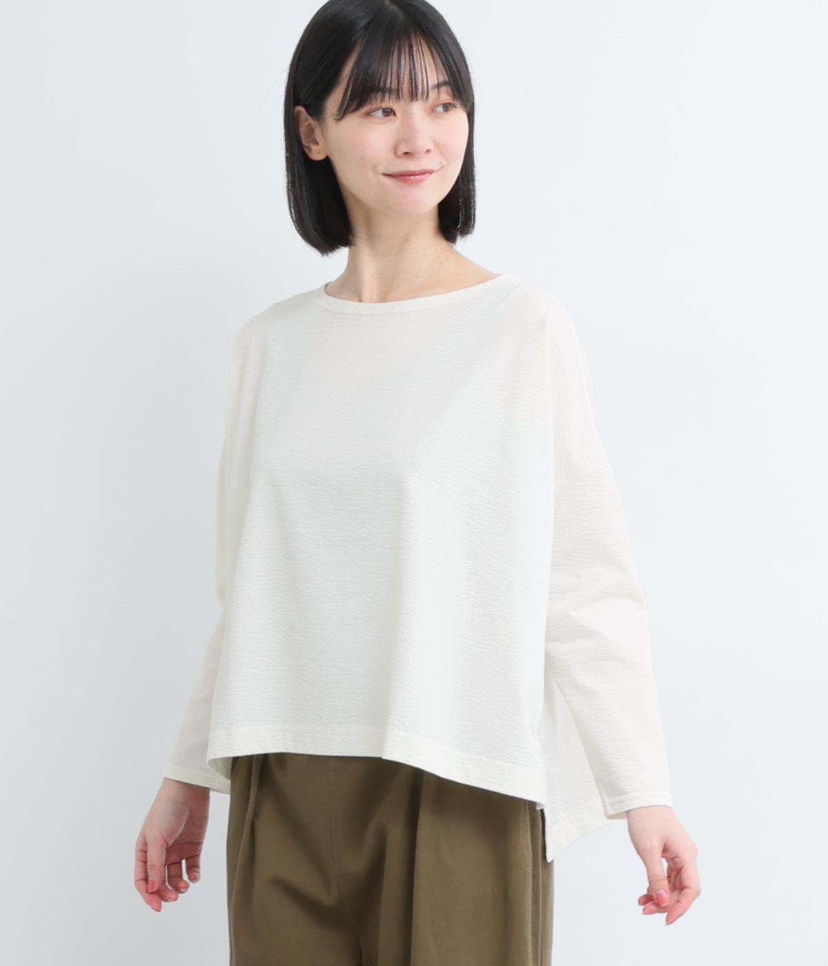 【A.U.G. relaxing】コットンリネンストライプポートネックワイドプルオーバー(オフ-F)