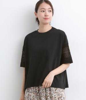 USAコットン天竺 袖レースTee(ブラック-F)