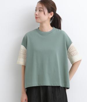 USAコットン天竺 袖レースTee(ダークブルーグリーン-F)