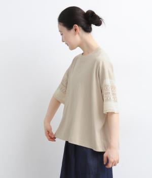 USAコットン天竺 袖レースTee(グレージュ-F)