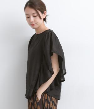 リネンツイル 袖フリルブラウス(ブラック-F)