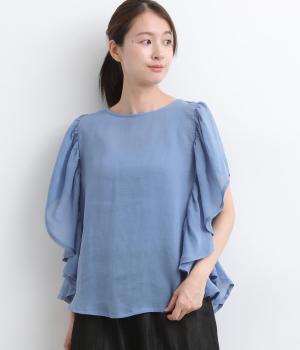 リネンツイル 袖フリルブラウス(グレイッシュブルー-F)