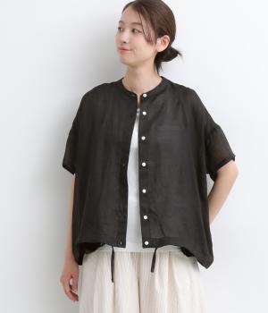 リネンツイル 半袖バルーンカーディガン(ブラック-F)