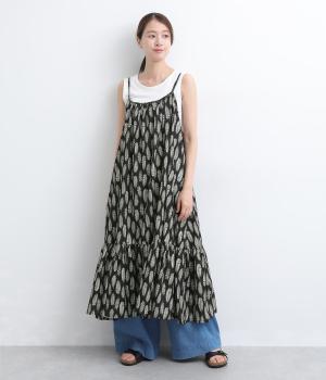 アフリカンプリント バックリボンキャミワンピース(ブラック×オフ-F)