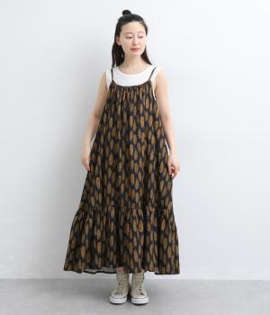 アフリカンプリント バックリボンキャミワンピース(ブラック×ブラウン-F)