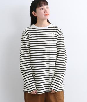 ボーダー クルーネックTシャツ　日本製（オフ×ブラック・2）